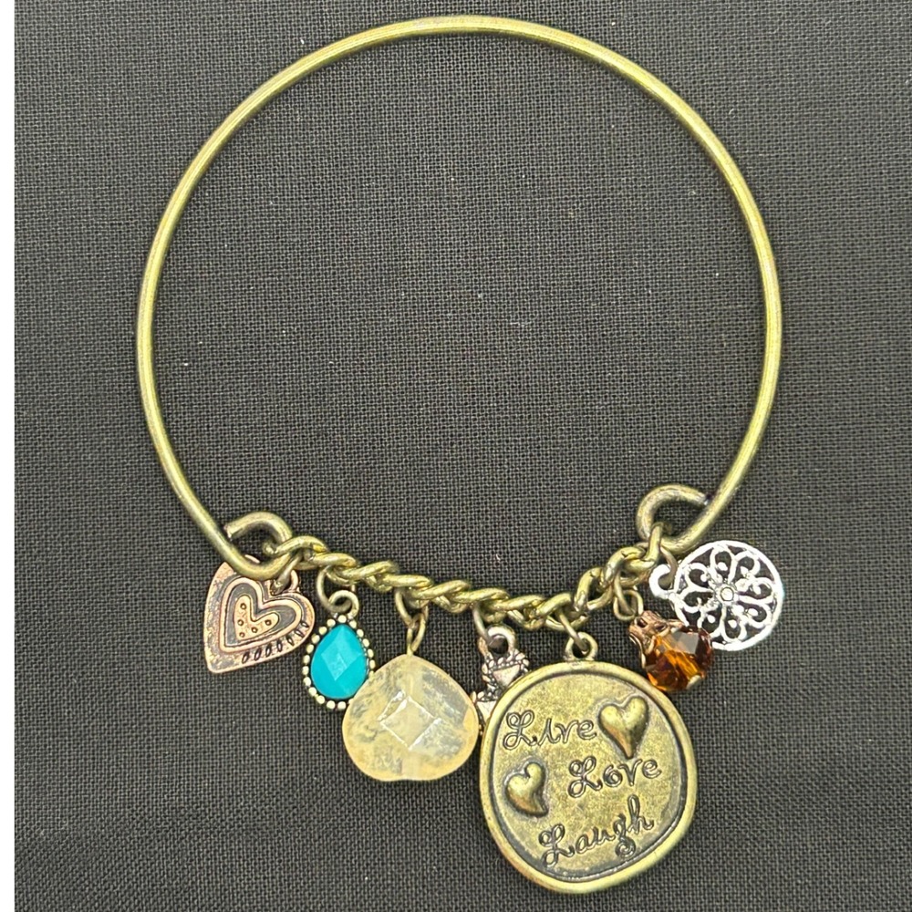 Wire Bangle Bracelet Live Love Laugh Heart Turquoise Bead Gold Silver‎ Tone 7.5"
